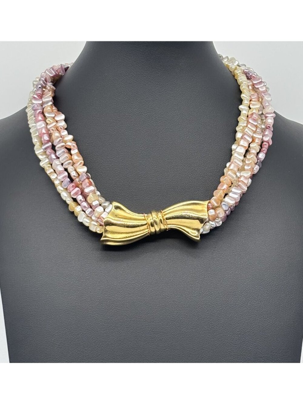 Vintage Napier Faux Mother-of-Pearl Necklace With Decorative Gold-Tone Bow Clasp